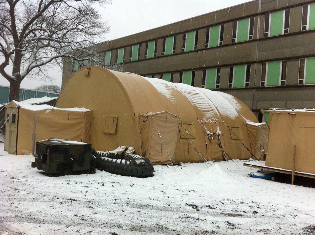 CAMSS: Exterior View of CAMSS Military Shelter in Snow