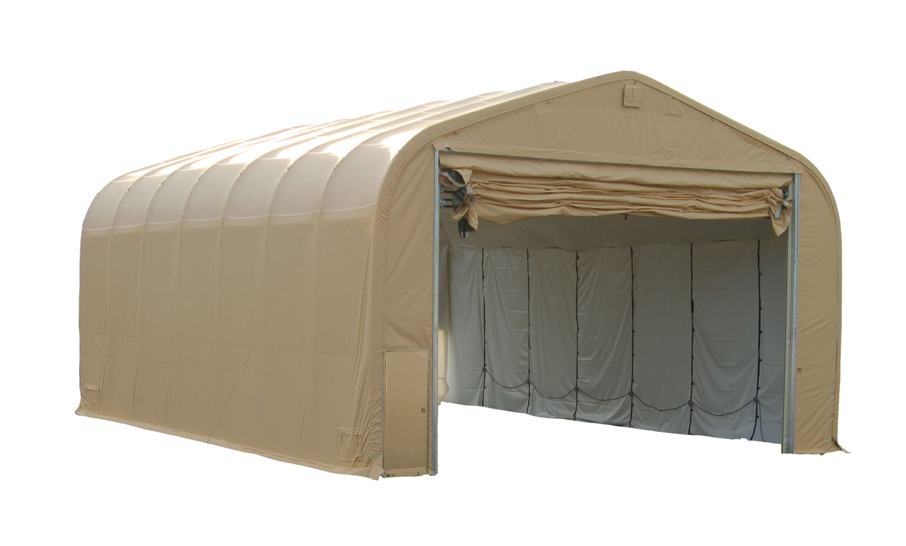 CAMSS: Tan CAMSS 40EX Military Shelter System With Vertical Lift Door 30 X 15